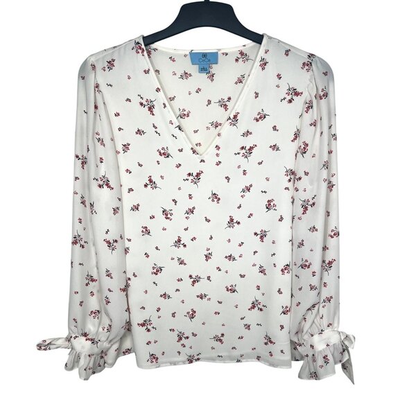 CeCe Breezy Sprigs Ecru Floral Print Long Sleeve V-Neck Tie-Cuff Blouse Large - Picture 12 of 15